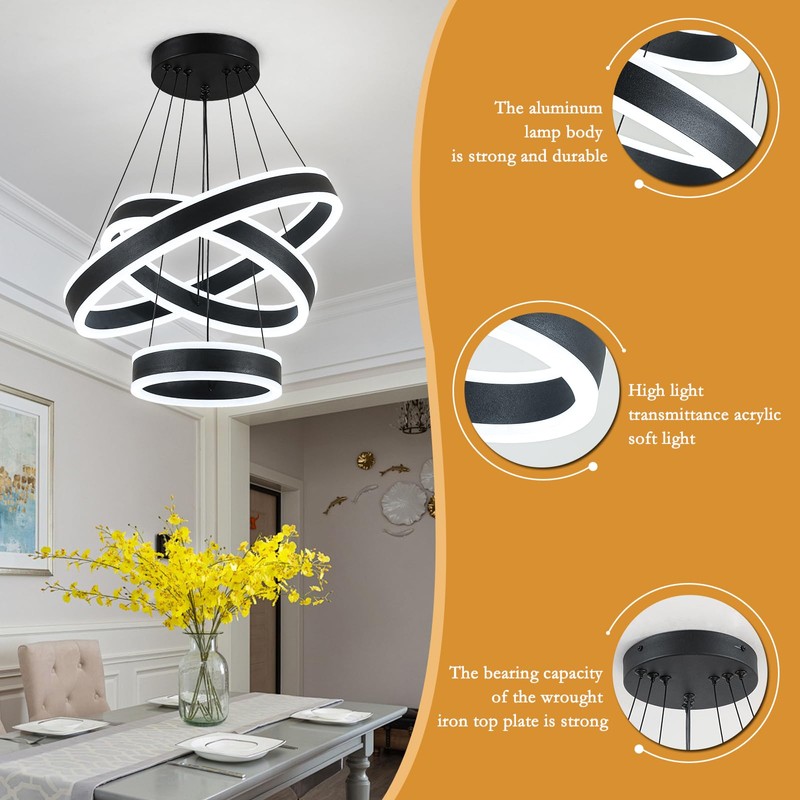 O'NEELDY Modern LED Chandeliers Adjustable Hanging Black Pendant Light Fixture