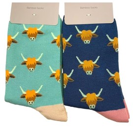 Purple Possum® Highland Cow Socks Hairy Coo Cows Cattle 2 Pair Pack Ladies Navy Blue Duck Egg