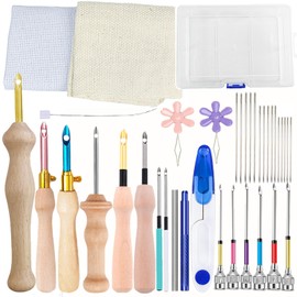 38pcs Punch Needle Kits Adults Beginner, Complete Punch Needle Tools Adjustable Punch Needle Embroidery Kits Wooden Handle Punch Embroidery Stitching Kit Punch Needle Cloth for DIY Craft Decorations