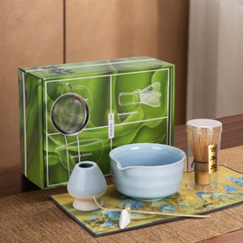 meemooron Matcha Whisk Starter Set 7 in 1 Bamboo Matcha Tea kit Scoop Chasen,Stainless Steel Sifter,Bowl with Eagle Beak Design (BLUE)