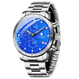 SAPPHERO Watches Men's Chronograph Men's Watches Analogue Quartz 50 m Waterproof Luminous Hands Date Casual Business Watch Classic Design Elegant Gift, Silver-Blue, Bracelet