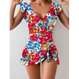 Aidonger One Piece Swimdress Tummy Control Ruffle Swimsuit for Women Tie Knot Swim Dresses V Neck Bathing Suit Skirt