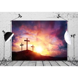 Resurrection of Jesus Easter Backdrop BELECO 7x5ft Fabric Jesus Christ Cross Photography Background Mountain Tomb Three Crosses Crucifix Worship Pray Backdrop Christianity Birth of Jesus Backdrops