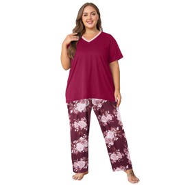 Vozanet Women's Pajama Sets Short Sleeve with Long Pant Soft Sleepwear Printed pj Loungewear With TWO Pockets Size 1X to 5X, Pink Floral/Wine Red, 5X-Large