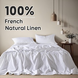 Shilucheng French Linen Sheets - California King Size Bed Sheets, Breathable & Cooling Pure Linen, Soft & Durable - 16 Inch Deep Pocket - 4Pcs (White, California King)