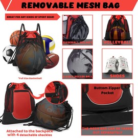 STAY GENT Drawstring Basketball Backpack for Boys & Girls, Soccer Foldable Football Volleyball Bag Sackpack Sports Sack with Detachable Ball Mesh Bag for Gym Baseball Yoga, Red