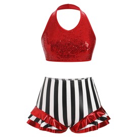 ODASDO Women Trapeze Artist Fancy Dress Circus Costume, Shiny Sequin Halter Neck Crop Top High Waist Stripes Ruffle Shorts Set Dance Outfit for Gymnastic Talent Show Stage Performace Red S