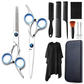 Ausein Tijeras para Cortar Cabello Profesional, 11Pzs Kit de Barberia, con Tijeras Degrafilar Cabello y Capas de Barberia, Tijeras de Peluquería de Acero Inoxidable con Clip y Organizador de Almacenamiento, para Peluquero y Salón