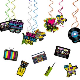 Pack of 34 80s Party Decorations, 12 Pieces 80s Party Hanging Spiral Ceiling Decorations and 22 Pieces Single and Double Spiral Party Decoration for Music Theme Party Supplies