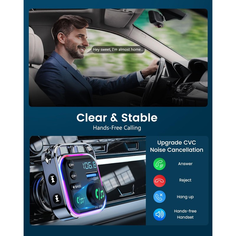 LENCENT Bluetooth 5.3 FM transmitter,PD 30W & QC3.0 Fast Charger