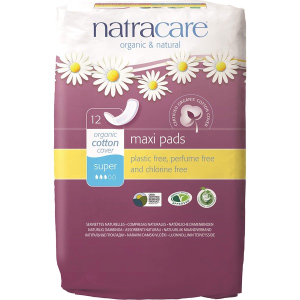 Natracare Maxi Pads Super with Organic Cotton Cover 12 ea (Pack of 3)
