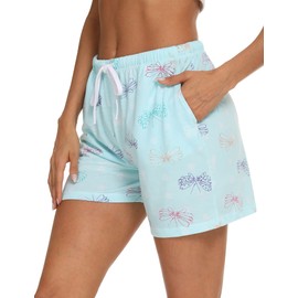 MIA LUCCE Women's Short Summer Sleep Shorts with Drawstring and Double-Sided Pockets, Grey Coffee + Blue Fly