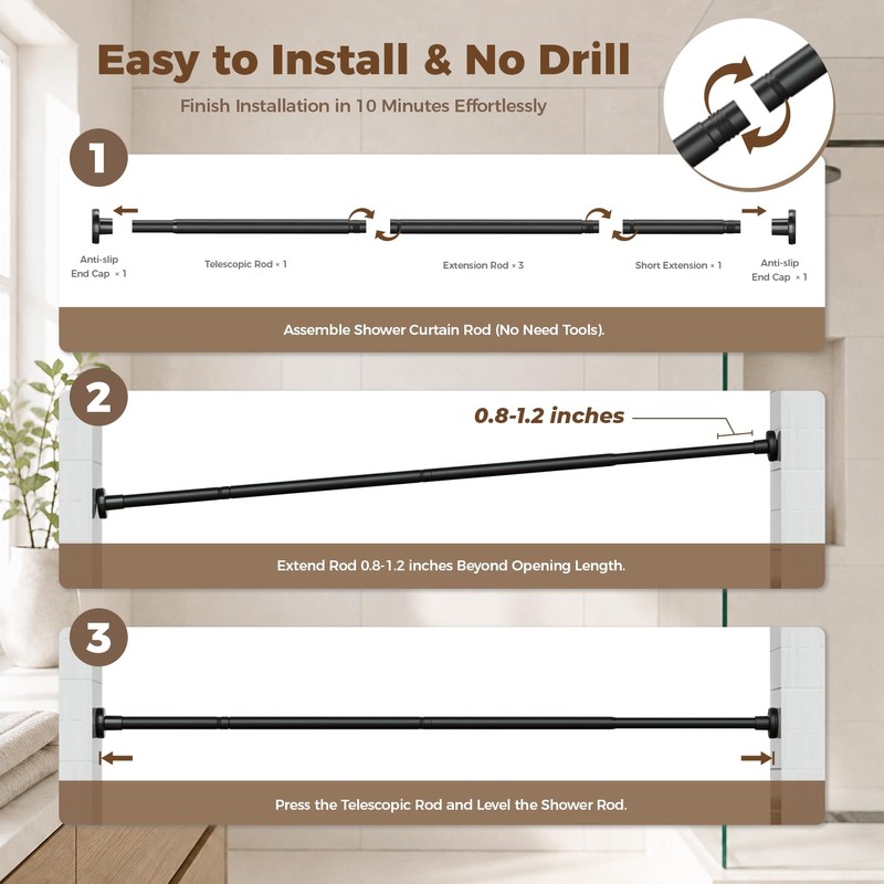 HYSEYY Heavy Duty Shower Curtain Rod,26-80inch Adjustable Tension Rod Black