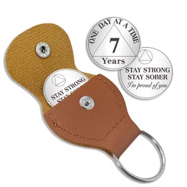 YRCKUDZKG 7 Year Sobriety Coin One Day at a Time AA Chips and Medallions with PU Leather Keychain Sobriety Gifts for Celebrating Alcoholics Anonymous Recovery Sobriety Gifts for Men Women