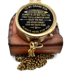 Engraved Brass Compass with Leather Case – Inspirational Pocket Compass Gift for Grandson from Grandpa or Grandma – Vintage Working Compass Keepsake for Birthday, Graduation