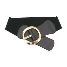 Generic Women Black Elastic Fashion Belt - Hip Waist Wide Band Gold Metal Big Round Buckle XS S z164