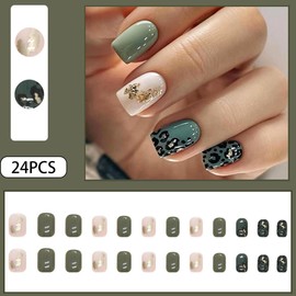 Press On Nails Short,Acrylic Nails Press on,Short Square Press on Nails Fake Nails Glossy Green False Nails with Leopard Print Gold Foil Press ons Design Artificial Nails Stick on Nails for Women24Pcs