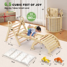 BlueWood Pikler Triangle Set with Cushion - Climbing Toys for Toddlers 9-in-1, Montessori Philosophy Play Jungle Gym with Arch, Ramp, Ladder (Natural Color)