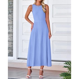 BTFBM Women's Midi Bodycon Tank Dress Summer Crewneck Rib Knit Sleeveless Pleated Swing A Line Business Casual Dresses(Sky Blue, Large)