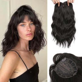 Flyroseing Hair Toppers for Thinning Hair, 6.5x6.5" Large Base Hair Topper with Fringe Clip in for Hair Loss Short 14 Inch Dark Brown Wavy Synthetic Wiglets Hair Pieces for Women Like Real Hair