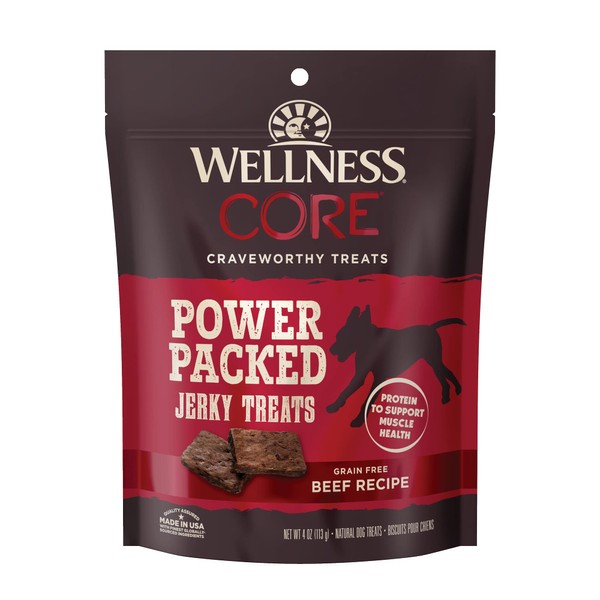 Wellness CORE Power Packed Dog Treats (Previously Pure Rewards), Grain-Free Tender Jerky Treats, Made in USA (Beef Recipe, 4-Ounce Bag)
