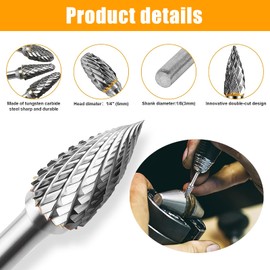 Begpoee 6 Piece Rasp Set Carbide Rotary, Carbide Rotary File Set, Metal Wood Cutter with 1/8 Inch Shank, for Grinder, Carving, Metal Polishing, Engraving, Drilling (Silver)