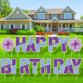 Ghost Spider Happy Birthday Yard Sign 9" Purple Blue Pink Spider Webs Birthday Decorations Spider Hero Movie Theme Yard Lawn Signs with Stakes for Outdoor Women Girls Boys Birthday Party Supplies