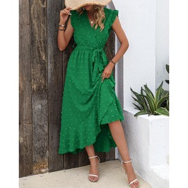 BTFBM Women V Neck Summer Dress 2025 Cap Sleeve Swiss Dot Boho Flowy Ruffle Slit Beach Party Long Maxi Cocktail Dresses(Green, Small)