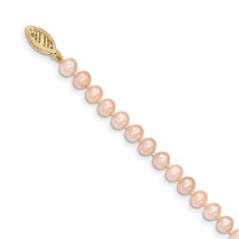 Solid 14k Yellow Gold 5-6mm Pink Near Round Freshwater Cultured Pearl Bracelet 7.5"