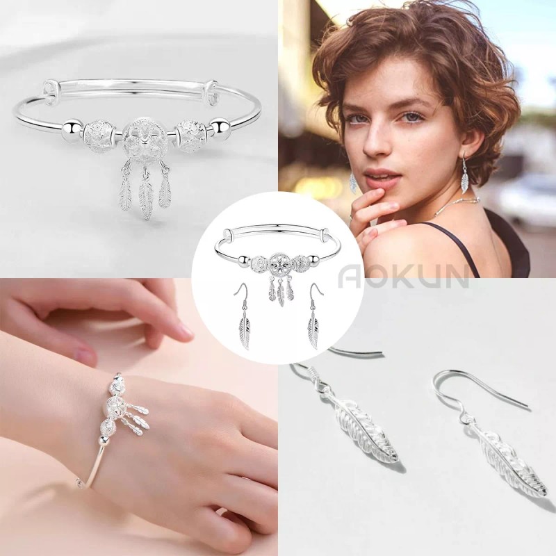 AOKUN Pulsera Atrapasueños Con Borla De Plumas Y Pendientes Mujer