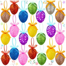 Happy Easter Hanging Eggs for Tree, 24Pcs Colorful Foam Eggs Shiny Easter Hanging Ornament in 8 Colors for Easter Party Home Spring Tree Decoration