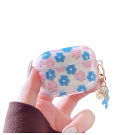 Earphone Case for AirPods 4, Beautiful Elegant Flower Floral Case Soft Silicone Case, Transparent Clear AirPods 4 Cover Protective Case Skin Shockproof Protector for Earbuds +Keychain-Blue