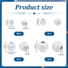 PH PandaHall 26pcs 925 Sterling Silver Beads, 3 Sizes Shiny Round Ball Beads Corrugated Beads Diamond Cut Beads Spacer Beads for Necklace Earring Bracelets Jewelry Making