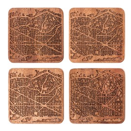 Barcelona Map Coaster, Set of 4, Sapele Wooden Coaster with City Map, Handmade