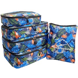 5PCS Travel Packing Cubes Value Set Clothes Luggage Organizers Compression Pouches (Light blue leaf)