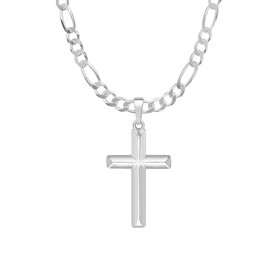 Silver Shoppe Jewelry Sterling Silver Cross Pendant 6mm Italian Figaro Chain Necklace and For Men - 150-24