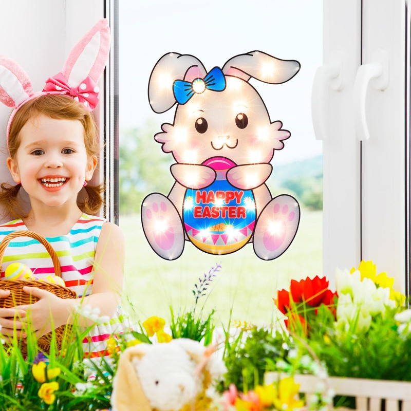LAMPHOME 17" Lighted Easter Egg Window Silhouette，Bunny with Egg Easter