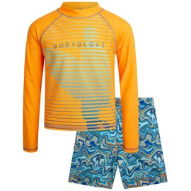 Body Glove Boys Swim Set - 2 Piece Boys Swim Trunks with Rash Guard UV Protection Swimsuit Kids Bathing Suits (Sizes 4-12), Size 10, Orange Swirl Surf