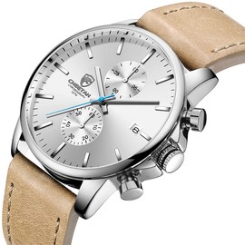 Men’s Watch Fashion Sleek Minimalist Quartz Analog Brown Leather Waterproof Chronograph Watches, Auto Date in Blue Hands, Color: Silver White