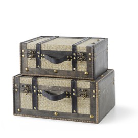 Soul & Lane Wood Decorative Suitcase Storage Boxes, Vintage Keepsake Memory Trunks - Set of 2, Antique Luggage Set, Wooden Nesting Treasure Chests