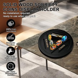 Solid Wood Sobriety Coins Display Holder, Round Alcoholics Anonymous Coin Display Case, AA Medallion Stand Holds 13 Tokens, AA Chip Holder for Sobriety Gift (Matte Black)