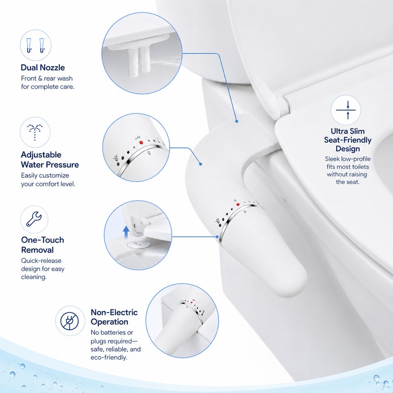 Ultra-Slim Bidet Attachment for Toilet Seats – Non-Electric Dual Nozzle
