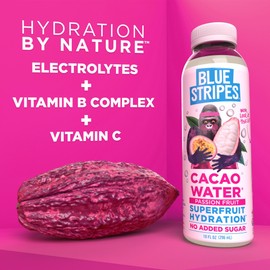 Blue Stripes Cacao Water (Passion Fruit) - All-Natural, No Sugar Added, Superfruit Hydration - Electrolytes & Antioxidants | Vitamin C & B | No Artificial Ingredients | (12 Pack)