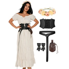 GERVAISE Womens Renaissance Costume Medieval Fairy Dress Victorian Irish Outfits 7pcs (Beige, Large)