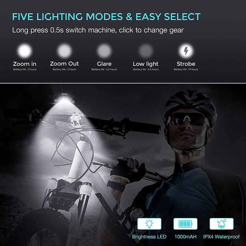 USB Rechargeable Bike Headlight and Back Light Set 600lm Bright