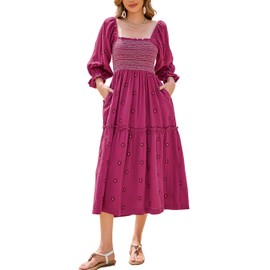 R.Vivimos Women's Long Sleeve Cotton Boho Midi Dress Vintage Square Neck Floral Embroidered Tiered Ruffle Flowy Pockets Dress (Large, Fuchsia)