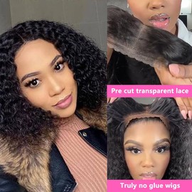 16 Inch Wear and Go Glueless Curly Bob Wig Human Hair Pre Plucked,Deep Wave No Glue wigs,Pre cut Transparent Lace Front Wigs Human Hair Natural Hairline for Women 200% Density Natural black