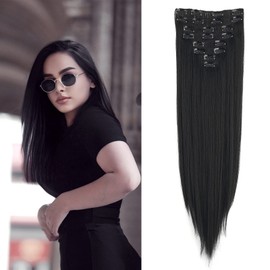 Gairyan 60 cm Clip-In Extensions Hairpiece Straight Long 8-Piece Set Synthetic Hair Clip-In Hair Extension Synthetic Hair for Girls (Black)