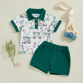 Toddler Baby Boy Golf Outfit Short Sleeve Golf Cart Polo T Shirts Top and Shorts Set 2Pcs Golf Theme Summer Clothes (Green, 3-4T)