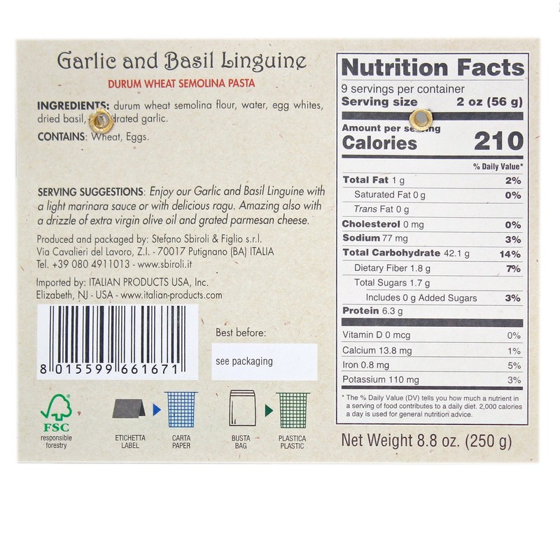Sbiroli Flavored Linguine (Garlic & Basil, 4 pack)
